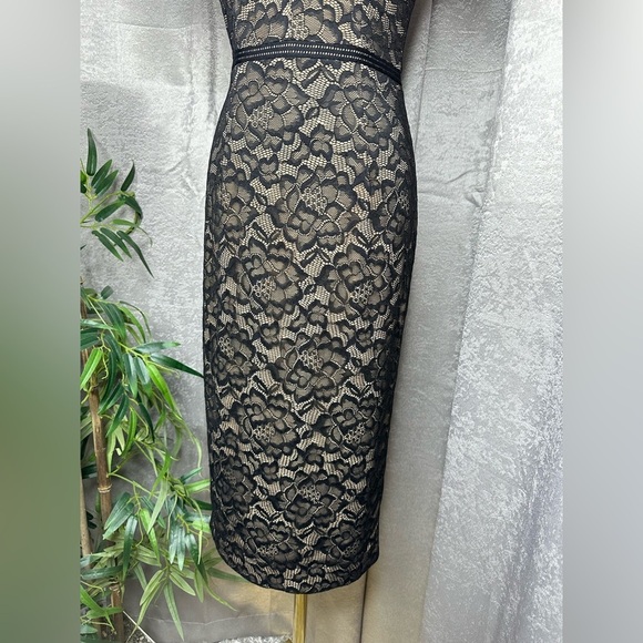 NEW Dress The Population Jaleah Cap Sleeve Faux Wrap Lace Dress in Black Nude S - Picture 7 of 12